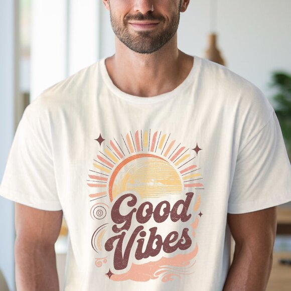 Good Vibes Sun Graphic Tee Positive Energy Shirt Retro Sunburst Design - Picture 4 of 6